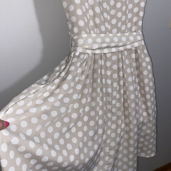 EUC Express Size 8 Champagne Polka Dot Satin Lined Fit & Flare Dress W/Pockets - Picture 12 of 16